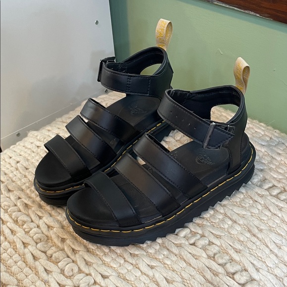 Dr. Martens Shoes - Dr. Martens Black Leather Strappy Platform Sandals with Yellow Stitching